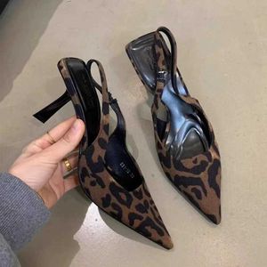 Sandals Leopard High Heels Chaussures Female Sandales Poigure Pointed Toe Robe Chaussures Summer 2024 Designer Mule New Womens Pump Slide J240416