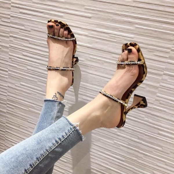 Sandalias Leopard Sweet Diamonds Ornament Square Toe Kitty Heel Mujeres High Slip On Summer Shoes Zapatillas Open Heel35-42