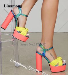 Sandalias Lianmong Hak Chunky Bowtie Platform Tinggi Warna Campuran Menawan Sepatu Gaun Tebal Gesper Perca 230516