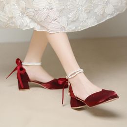 Sandales bouche légère couleur unie talons hauts femmes 2023 nœud perle chaîne talon épais tête carrée Mary Jane polyvalent chaussures simples