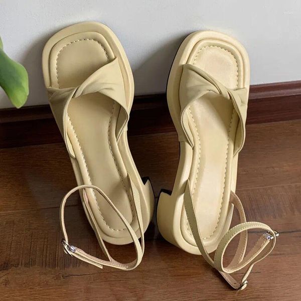 Sandalias Amarillo Claro Cuero Real Mujer Plataforma Chic Simple Tobillo Correa Zapatos De Verano Albaricoque 5cm Tacones Altos Cuadrados Sandalias