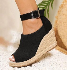 Sandalen LIHUAMAO Pompen Peep Toe Wiggen Espadrilles Schoenen Vrouwen Hak Touw Zool Comfort Csaual Enkelbandje