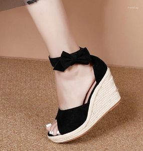 Sandales LIHUAMAO Daim Elegance Wedges Peep Toe Bowtie Chaussures Femmes Espadrilles Talon Pompes Corde Semelle Confort Csaual