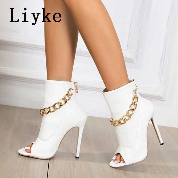 Sandalias Liyke 2022 Nuevo estilo romano Sandalias básicas Botas Mujer Tacones altos blancos Bombas Diseño de cadena de metal sexy Zapatos de fiesta con punta abierta Tamaño 42 T221209