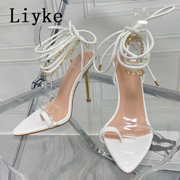 Sandales Liyke 2022 été nouvelle chaîne bride à la cheville sandales femmes sexy bout pointu à lacets transparent talons hauts parti robe de mariée chaussures T221209