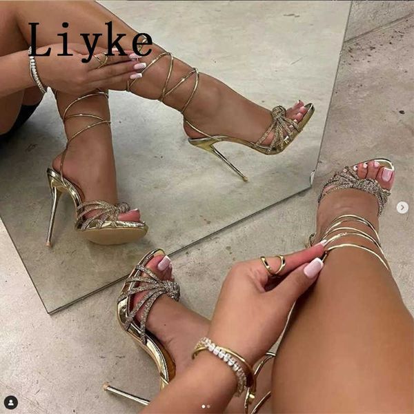 Sandalias Liyke elegante fiesta sandalias mujer diamantes de imitación banda estrecha punta abierta tobillo cruz encaje hasta tacones altos stiletto zapatos de boda mujeres T221209