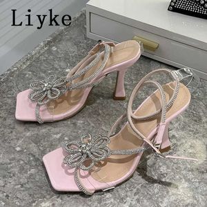 Sandalen liyke zilveren bling kristalbloemen sexy sandalen voor vrouwen transparante opne teen strass riem high hakken trouwjurkschoenen t221209