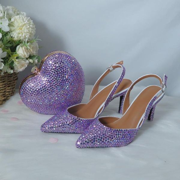 Sandalias LoveinCrystal Nupcial Zapatos De Boda Y Bolso De Corazón Punta Acentuada Chica Vestido De Fiesta Tacones Finos Mujer Lavanda Púrpura