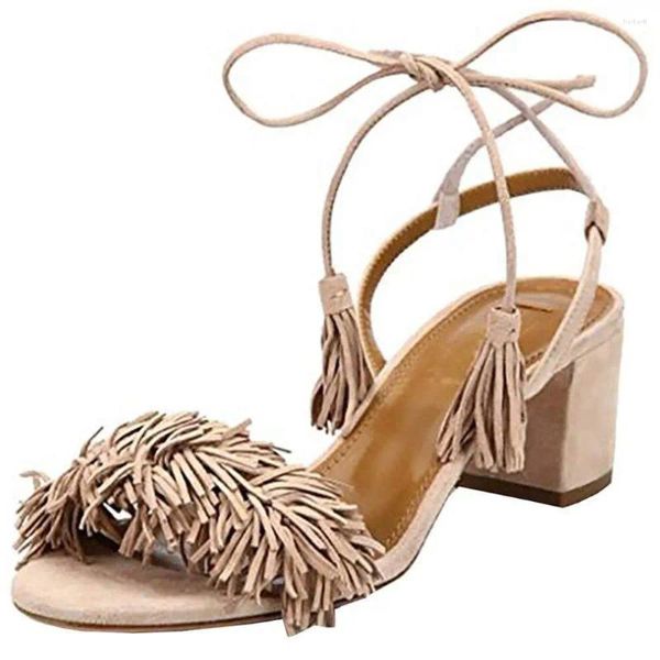 Sandalias Lovirs Confort para mujer Punta abierta Tobillo Corbatas con cordones Tacón grueso Vestido con flecos Vestido causal Zapatos 5 cm Talla grande 5-15