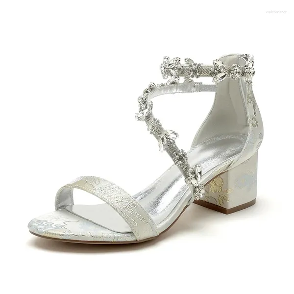 Sandalias Zapatos de boda de tacón de bloque bajo para novia Punta abierta Satén floral Noche formal Tacones de fiesta nupcial Rhinestones Mujer Tacón