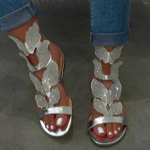 Sandalias de tacón bajo con diamantes de imitación para mujer, calzado informal a la moda, zapatos con punta abierta, gladiador de cristal elegante para mujer