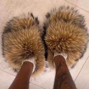 Sandales de luxe fourrure pantoufle bout ouvert raton laveur diapositives femme chaussures plates demi-woo pointes 231205