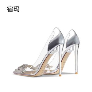 Sandales De Luxe Strass Femmes Pompes Transparent PVC Talons Hauts Chaussures Sexy Bout Pointu Chaussures De Mariage Parti De Mode Pour Dame Soirée 8 cm T220813 J230525