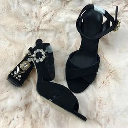 Sandalias de cuero de gamuza de lujo cubierta de cristal sexy tacón grueso mujer sandalia negro damas tobillo hebilla diamante tacones altos zapatos de boda