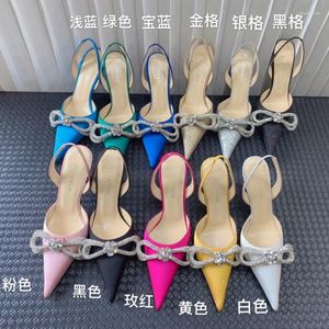 Sandals Mach Double Crystal Bow Pompe Pump Pompe Sangle de la cheville Ladies Hingestone High Heels Satin Sparkling Women's Shoes's