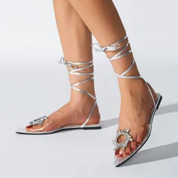 Sandalias MCCKLE Mujeres Rhiestone Punta puntiaguda PVC Transparente Señoras Zapatos planos Fiesta de lujo Tobillo Correa Sandalia femenina 2024 Verano