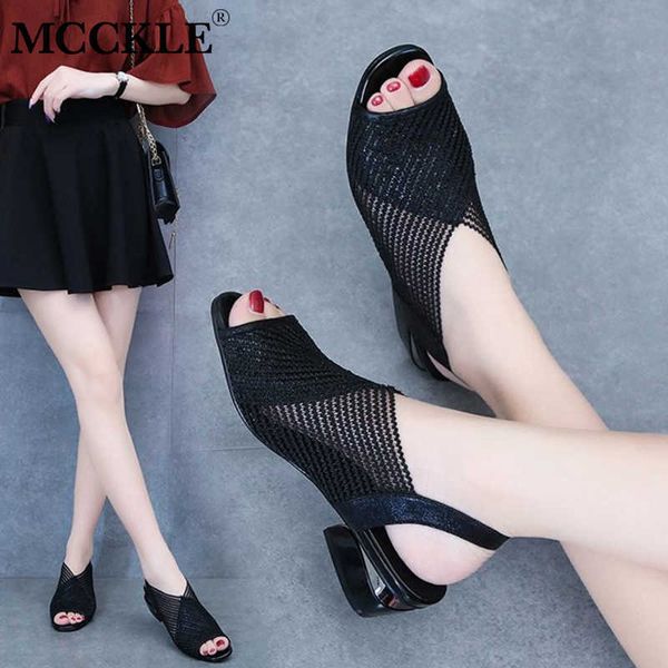 Sandales MCCKLE femmes sandales 2021 talon épais Peep Toe chaussures d'été pour femmes maille respirant sandales dames grande taille filles sandale nouveau Z0306