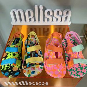 Sandales Melissa contraste coloré sandales pour enfants bébé toile bouton sandales plates garçons et filles chaussures de plage romaines chaussures de gelée J240228
