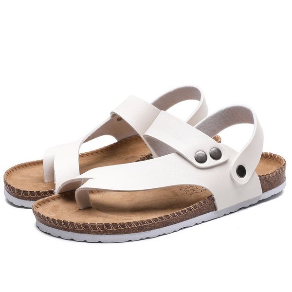 Sandalias de verano para hombre, planas, a la moda, ajustables, para hombre, chanclas de playa, zapatos de casa de corcho negro de cuero para hombre, 35-45 BlackSandals