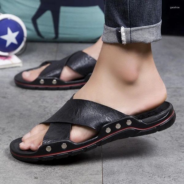 Sandalias Men Black White Classic Crossband Slip en Zapatos informales Summer Summer Breathable Outdoor Mens Slides cómodas Playa