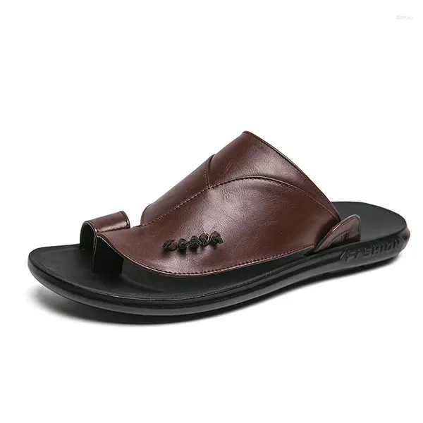 Sandalias Dermis para hombre, zapatos de playa de verano con punta grande, chanclas de cuero genuino para hombre D598