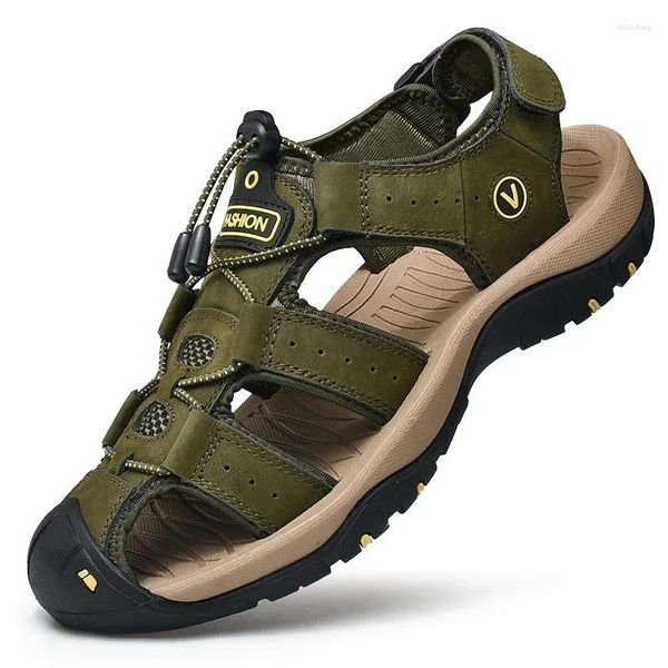 Sandalias Hombres Verano Playa Al aire libre Zapatos antideslizantes para vadear Pescador Cuero Transpirable Senderismo Sandalia Masculina