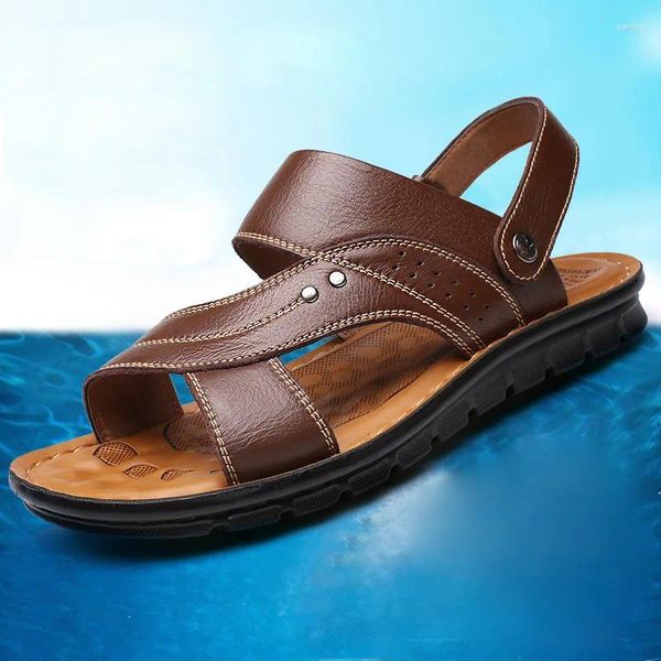 Sandalias Hombres Tendencia de Verano PU Cuero Playa Zapatos Casuales Zapatillas de Moda Raya Goma Masculino Calzado Transpirable