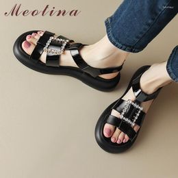 Sandalen meotina dames echt lederen ronde teen platform flats kristallen gesp hekke dames casual schoenen zomer abrikoos 40