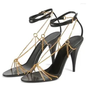 Sandales chaîne en métal femmes chaussures noir Peep Toe pointe talon Design pompes Sexy Banquet fête Chaussure Femme boucle sangle Zapatos
