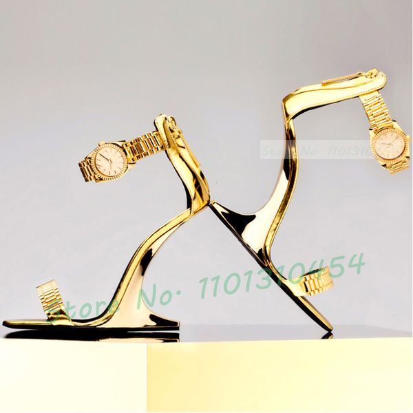 Sandalias metálicas reloj cuña mujer verano elegantes tacones calados zapatos dorados 2023 lujo Casual tobillo Wrap Chic Back-zip 230225