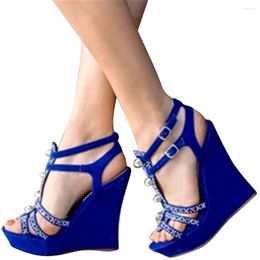 Sandales Minan Ser Femmes Wedge Bleu Avec Diamants Scintillants Et Sexy Élégant Pour Les Mariages Parti