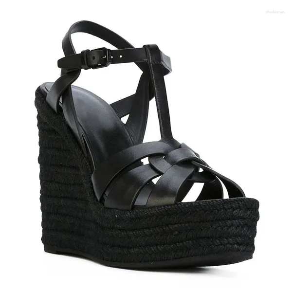 Sandales Moraima Snc Noir Cuir Wedge Summer Open Toe Corde Tressée Plate-forme Chaussures Femmes T-strap Gladiator Marron Blanc