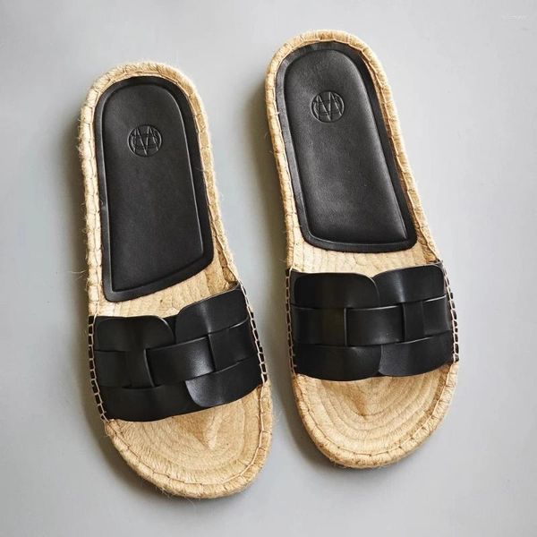 Sandales mrxmus Duttit 2024 Summer en cuir noir tissé plat minimaliste jute paresseux les pantoufles