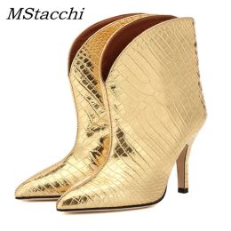 Sandalen mstacchi gouden mode dames laarzen lente herfst herfst schoenen pinted teen enkellaarzen voor vrouwen luipaard print hihg hakken schoenen