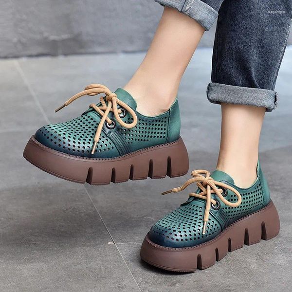 Sandalias Muffin Plataforma Cuero Zapatos de mujer 2024 Primavera y verano Capa superior Cuero de vaca Agujero con cordones