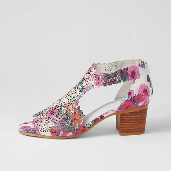 Sandalias Multicolor Estampado floral Corte láser Tacón de bloque apilado Talla 36