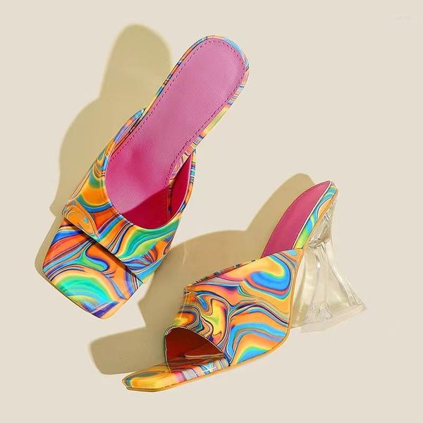 Sandales multicolore talon moyen paillettes femmes pantoufle décontracté Banquet mode fête chaussures italiennes 2023