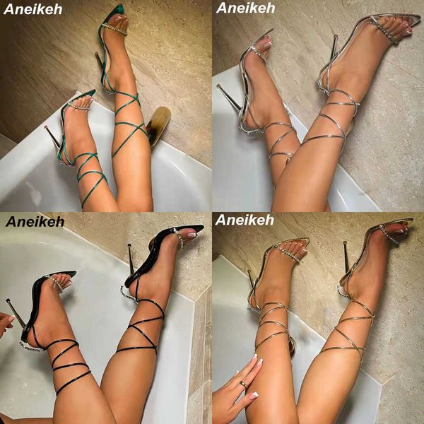 Sandali New Ankle Cross-tied Thin High Heel Women Summer Party Dress Sandali Sexy Punta a punta Bling Strass Decorazione Pompe 230316