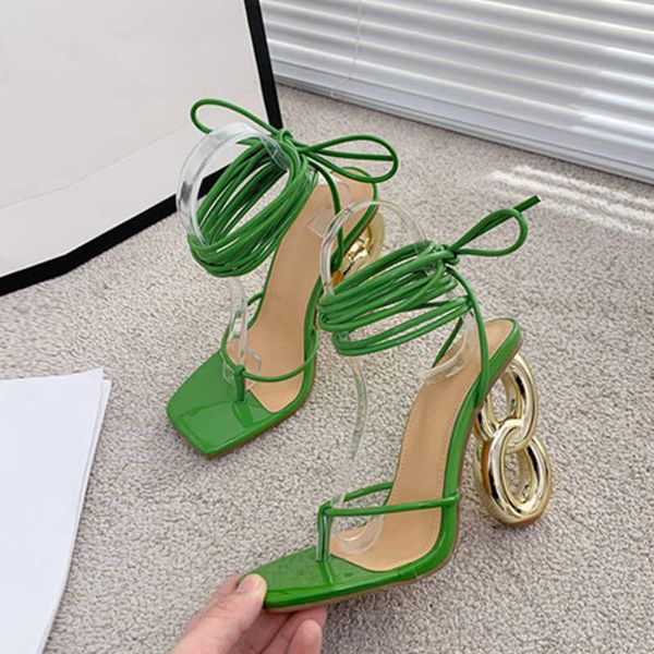 Sandales New Fashion Green Cross Sangle de la cheville Strange High Heels Sandales Sandales Summer Pinche étroite Square Toe Party Shoe 230316