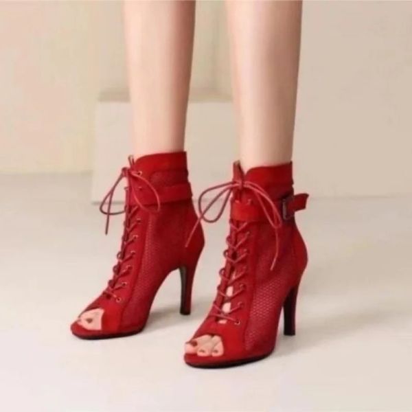 Sandales Nouveau été sexy talon haut talon cool bottes mode maille rouge en daim bouche stiletto chaussures romaines salle de bal salsa danse zapatilla mujer