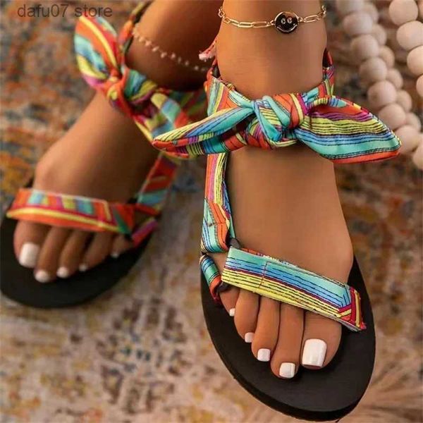 Sandalias nuevas mujeres de verano color plano casual encaje hasta zapatos de arco para damas moda 2023 al aire libre leopardo playa mujerh2434