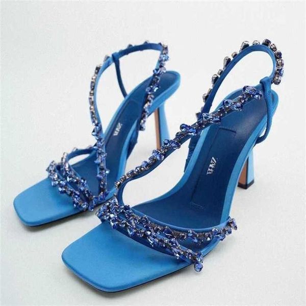 Sandalias Nuevo verano zapatos de mujer Azul Verde Tacones altos con cuentas Tacón de piedras preciosas de lujo 230417