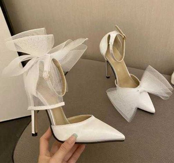 Sandales Nouveau Tulle Bow Talons Designer Stiletto Talons Hauts Femmes Pompes 2022 Rose Satin Chaussures De Mariage Mariée Dames Parti Chaussures De Bal G230211