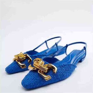 Sandalen nieuwe vrouw hoge hakken schoenen 2022 za blauw zijn metalen decoratie mode platte schoenen casual muilezels pomp 220412