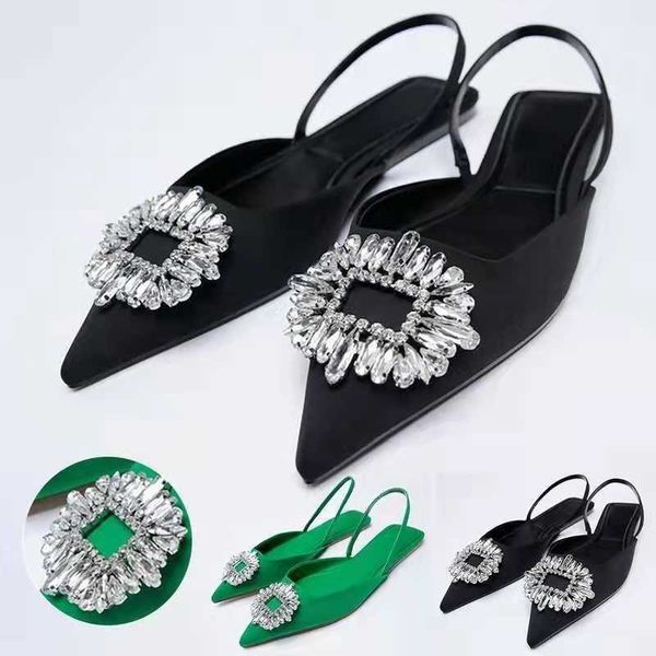 Sandalias Nuevos zapatos de mujer Punta estrecha Desnudo poco profundo Diamante verde Tacón bajo Tiras traseras Mujeres 230417