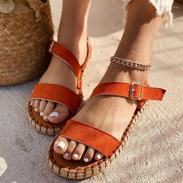 Sandalias Bonitos Zapatos De Mujer Tendencia Diaria Casual Gamuza Naranja Cinturón Simple Hebilla Punta Abierta Tacón Plano Cómodo