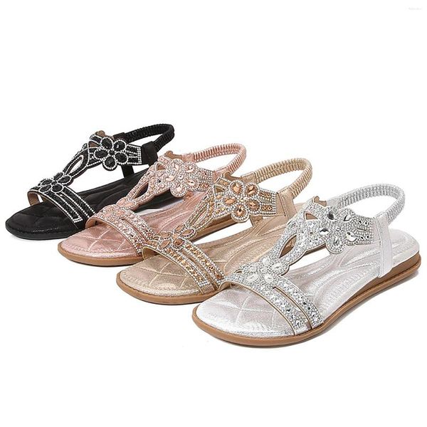 Sandalias Nueve zapatos para mujeres Rhinestone Roman Summer Roman Summer Open Open Toe Grueso ancho 7W