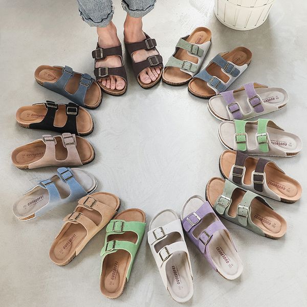 Sandalias Nubuck Mujer Zapatillas de corcho Verano Mula Zuecos Pisos Sandalias Diapositivas Casual Playa Pareja Doble hebilla Zapatos suaves Calzado Tamaño grande 230626