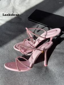Sandalen naakt roze strass Rhinestone High-Haked Women Shoes Open-Toed Sexy One-Word Riem Dames Summer Stiletto