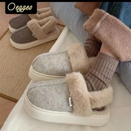 Sandales Oeggeo Shop Outdoor Chaussures plates thermiques intérieures en peluche épaisse Coton Sandales pour femmes Chaussures en coton chaud pour femmes